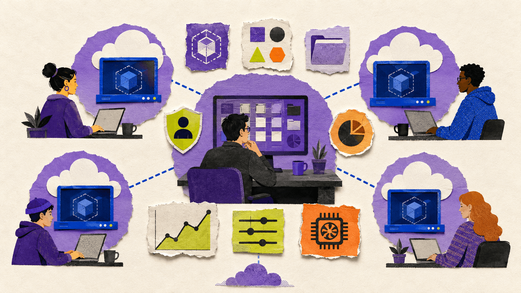A distributed team managing isolated high-performance cloud computers through a central Vagon Teams workspace with templates, permissions, files, budgets, and monitoring.