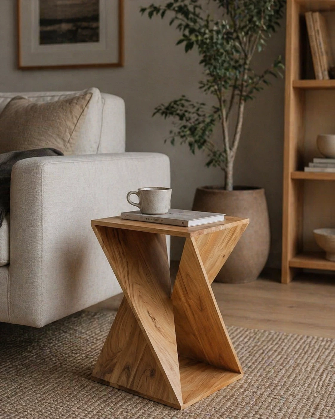 Sidebord i tre plassert ved lys sofa.