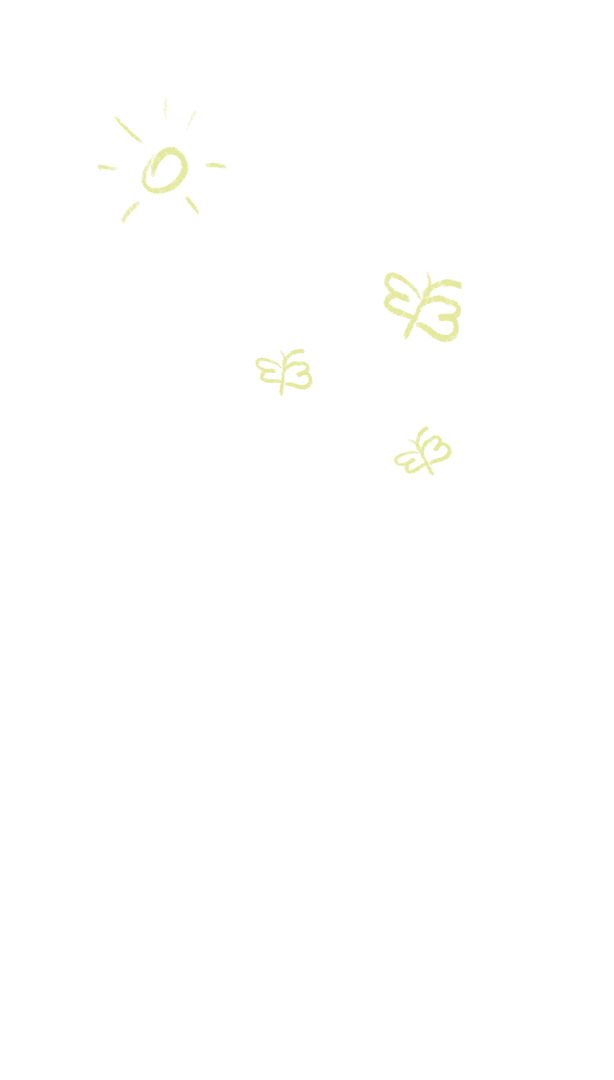 A whimsical scene featuring handwritten illustrations of a bright sun and three butterflies on a teal background.