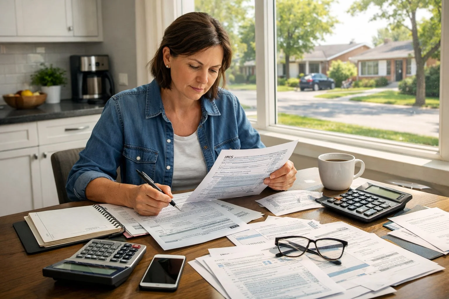 Individual reviewing tax forms and financial papers at a modern kitchen table, surrounded by calculators and documents.