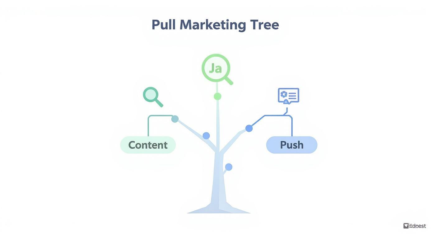 Visuele weergave van pull marketing strategie boom met content en push takken voor digitale marketing