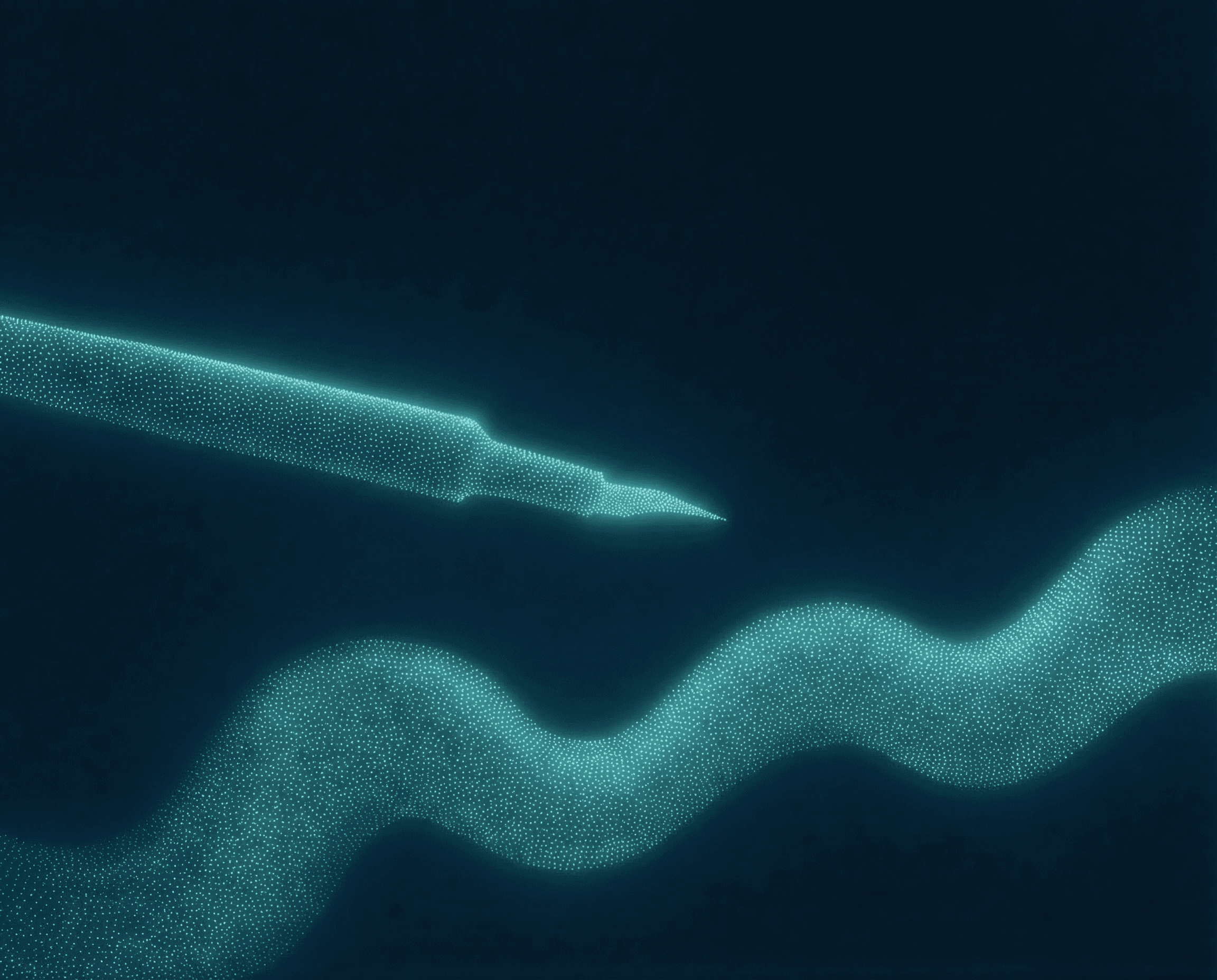  Illustrazione digitale a pixel di un'onda e una freccia luminose teal su sfondo scuro — xsolve Digital Studio