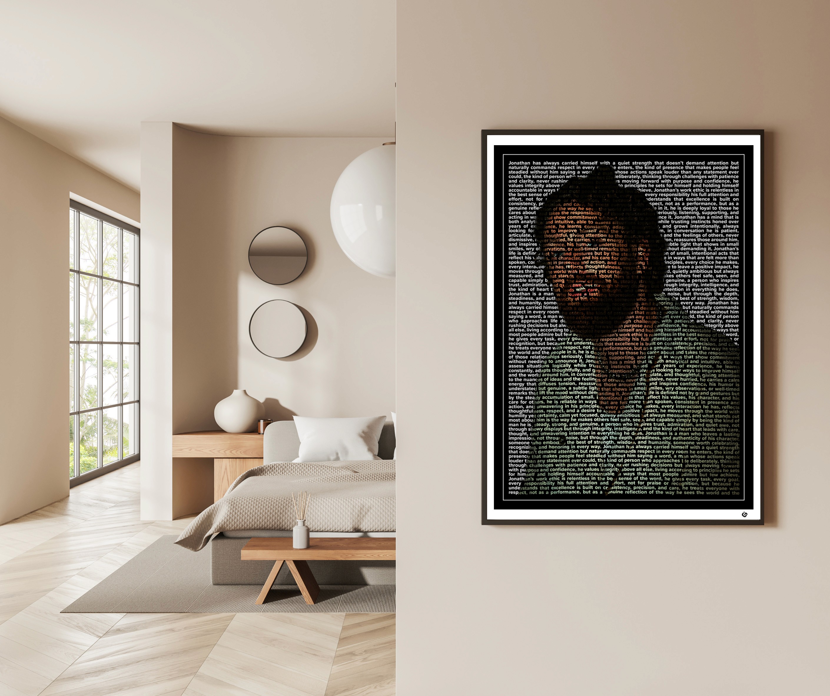 Custom text portrait artwork of a man with curly hair looking slightly to the side. His face, hair, and clothing are formed entirely from dense colored text. The piece features a thin white border, a black border, and a white mat, presented in a modern framed style.
