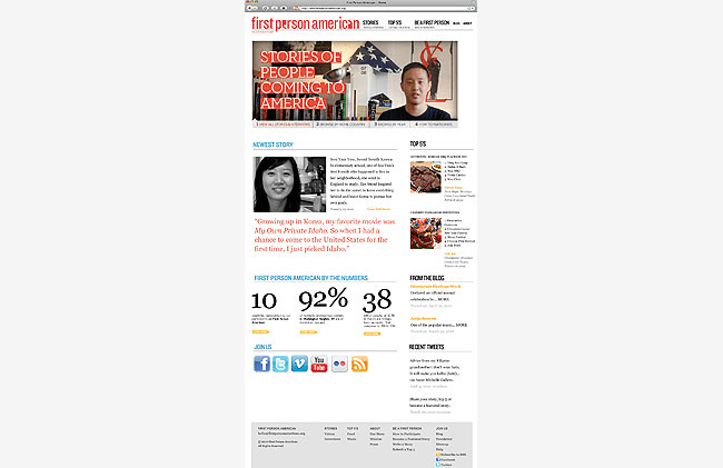 A screenshot of a First Person American website displays a headline reading “STORIES OF PEOPLE COMING TO AMERICA” above a photo of a man in a suit. Below the headline, a short article titled “Growing up in Koza, my favorite movie was ‘My Own Private Idaho.’ So when I had a chance to come to the United States for the first time, I just picked Idaho.” is accompanied by a photo of a woman’s face. The page includes navigation links, a sidebar with additional content, and social media icons at the bottom.