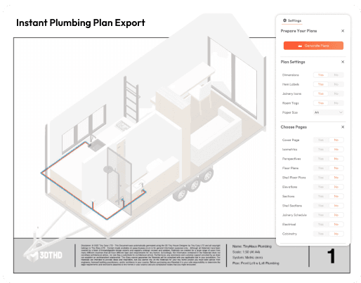 Tiny house plumbing plan exported instantly from 3D Tiny House Design Software