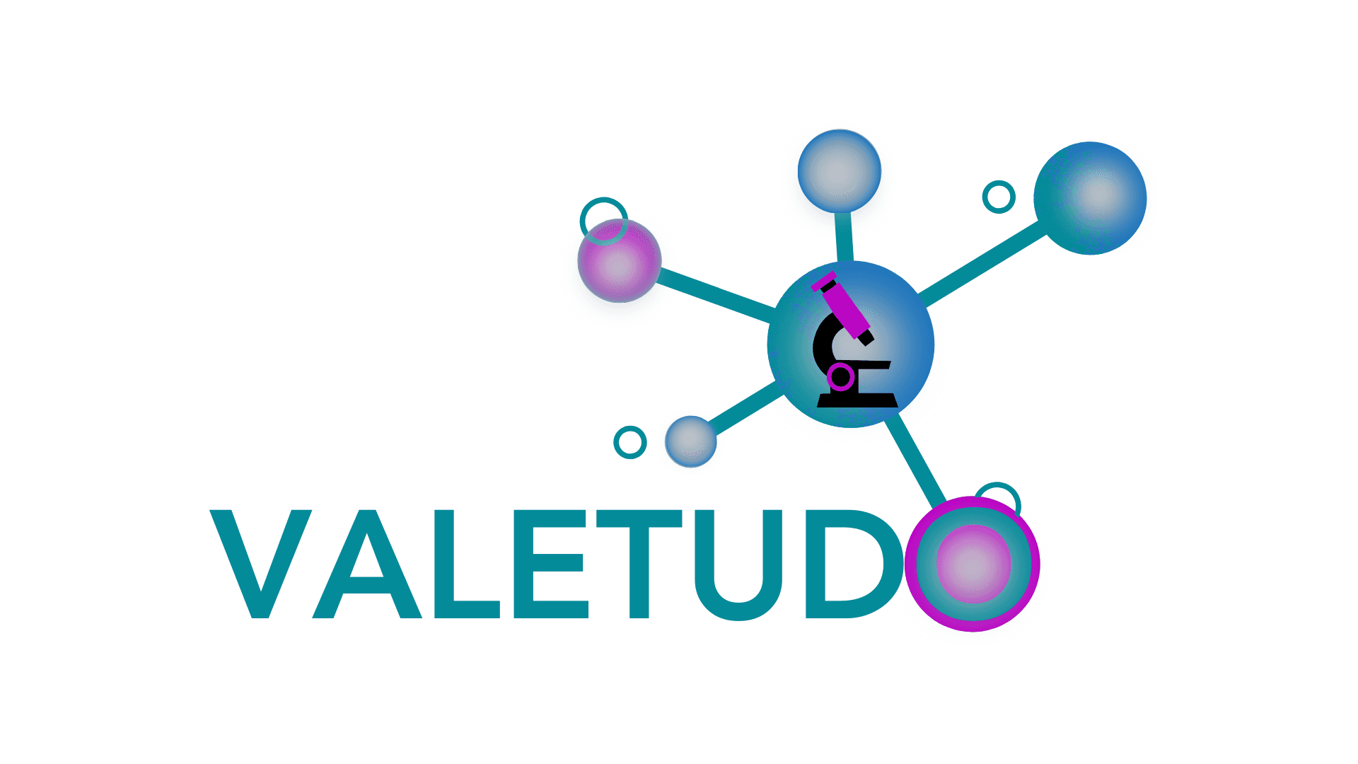 The logo for Valetudo features interconnected spheres with varying shades of blue and purple, centered around a stylized microscope icon, demonstrating a scientific and healthcare theme.