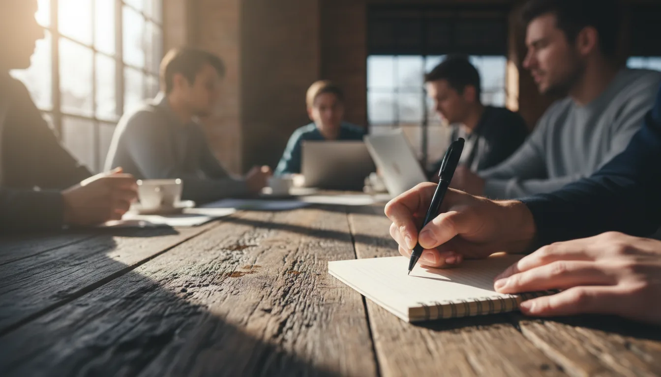 DSLR photograph, low-angle close-up of a collaborative meeting around a rustic dark wood plank table. The sharp focus is on a person's hands in the foreground writing with a pen on a notepad. Bright natural daylight streams in from a side window, creating cinematic contrast and highlighting the wood grain texture. Shallow depth of field with a strong bokeh background, where other team members are visible in soft focus.