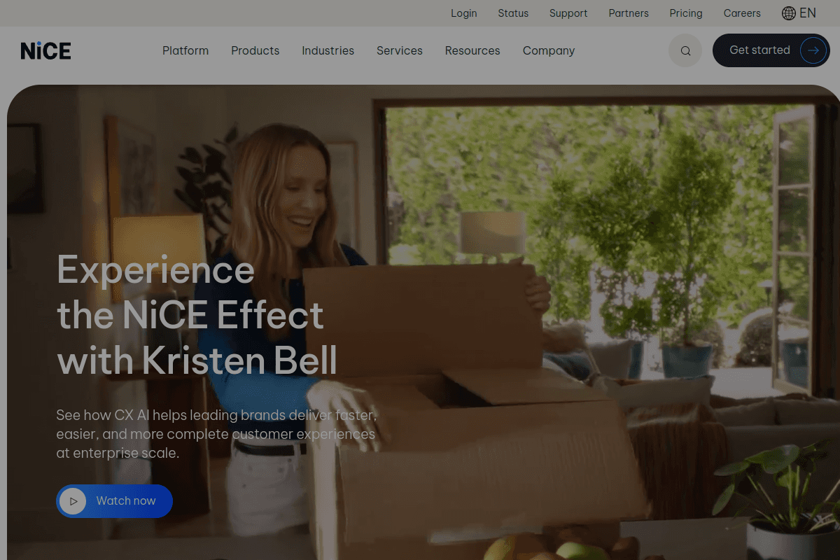 NICE homepage promoting the NiCE Effect, an enterprise customer experience and workforce engagement platform
