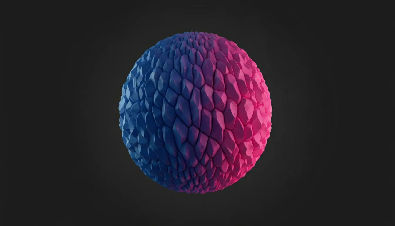 3D render of a complex abstract ovoid sculpture, Cinema 4D style, composed of thousands of intricately layered and displaced matte scales. The form features a vibrant, smooth gradient from deep ultramarine blue on one side to a bright magenta-pink on the other. The object is floating centrally against a solid black studio backdrop, illuminated by soft global illumination that casts subtle shadows between the layers, emphasizing its organic, procedural texture.