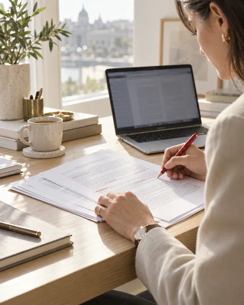 A lawyer striking a phrase from a license agreement with a red pen