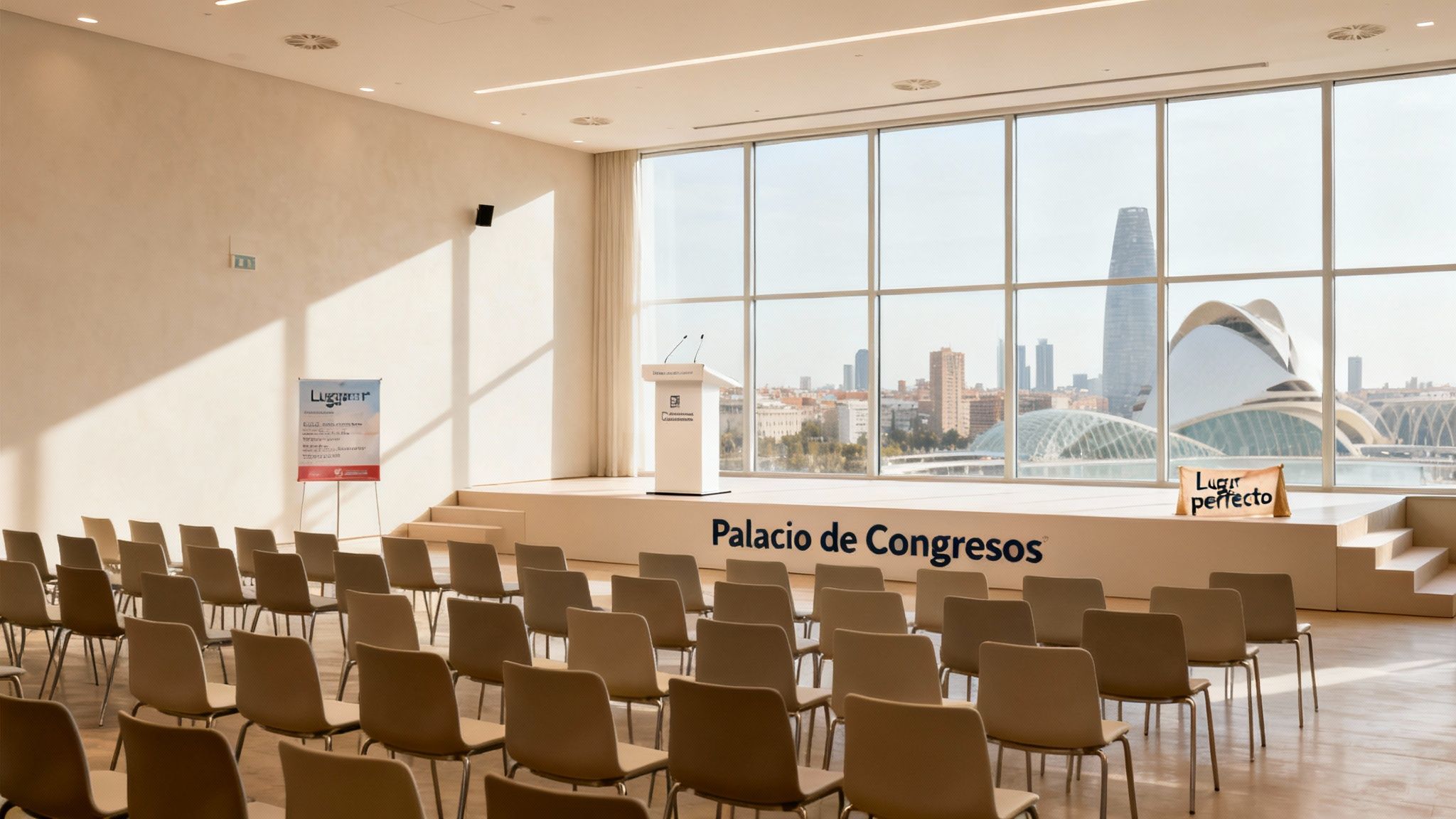 Amplia sala de conferencias con escenario, podio y grandes ventanales con vistas a la ciudad de Valencia.