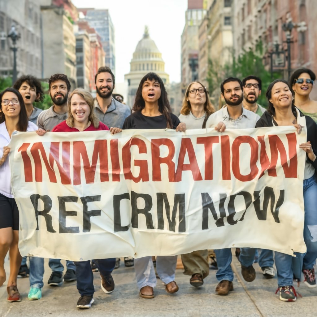 An ethnically diverse group of people of varying ages, standing together in solidarity. They are holding a large banner that reads 'Immigration Reform Now.' The crowd appears determined and hopeful, representing the diverse community of undocumented immigrants advocating for legal and social change.