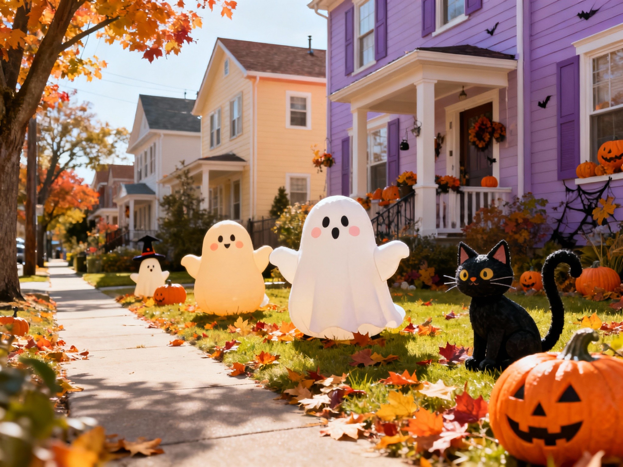 A wide-angle editorial photography-inspired scene of a quaint suburban street decorated with cute