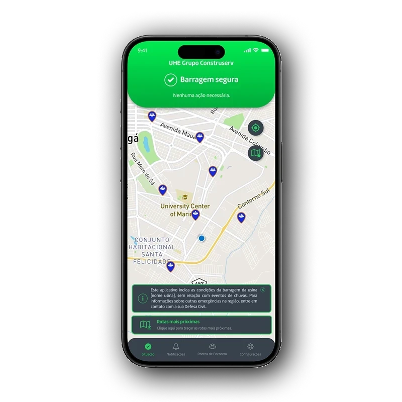 UI do App Alerta Individual exibindo status da barragem verde, status normal