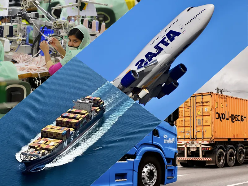 A collage picture of a garment floor, a ship in water, a aeroplane flying on sky and two cargo truck on road