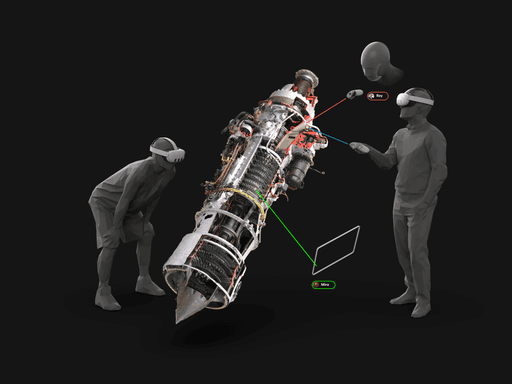 A 3D model of a complex mechanical component being reviewed by 4 people on different devices. Two people are wearing XR headsets, one is represented by a digital avatar, and one is represented by a rectangle. They're using laser pointers to highlight specific parts on the model.