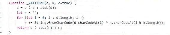 Ein Codeschnipsel, der eine JavaScript-Funktion zeigt, die eine base64-Zeichenfolge dekodiert und eine Reihe von Zeichenmanipulationen mit XOR-Operationen mit einem Schlüssel durchführt. Der Code enthält eine Schleife, um eine Ergebniszeichenkette zu erstellen und schließlich eine transformierte Ausgabe zurückzugeben.