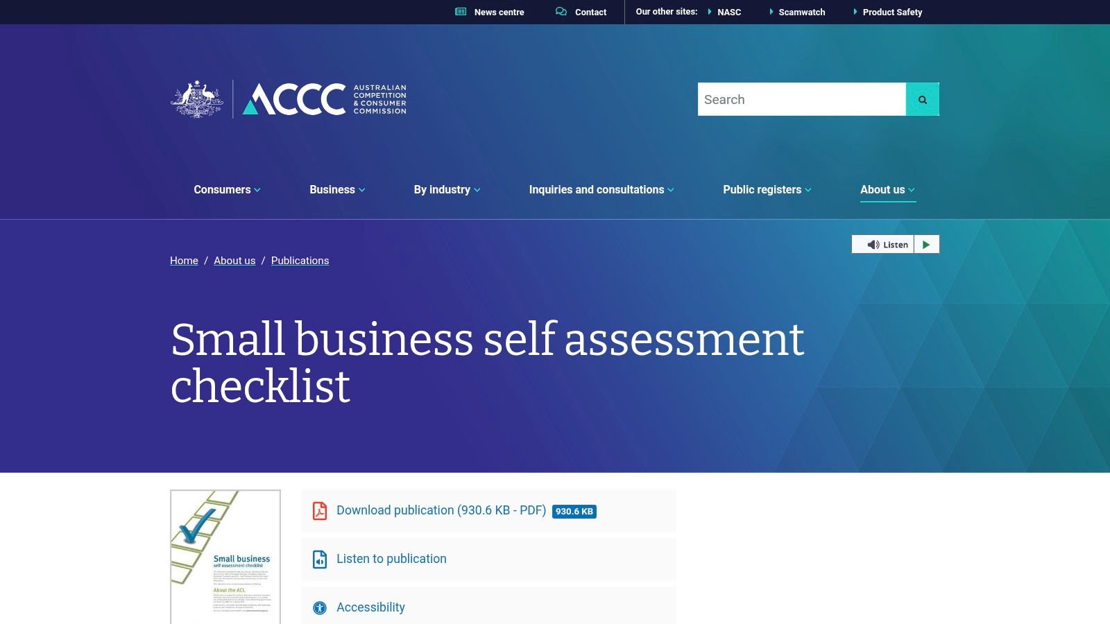 ACCC – Small business self-assessment checklist (Australian Consumer Law)