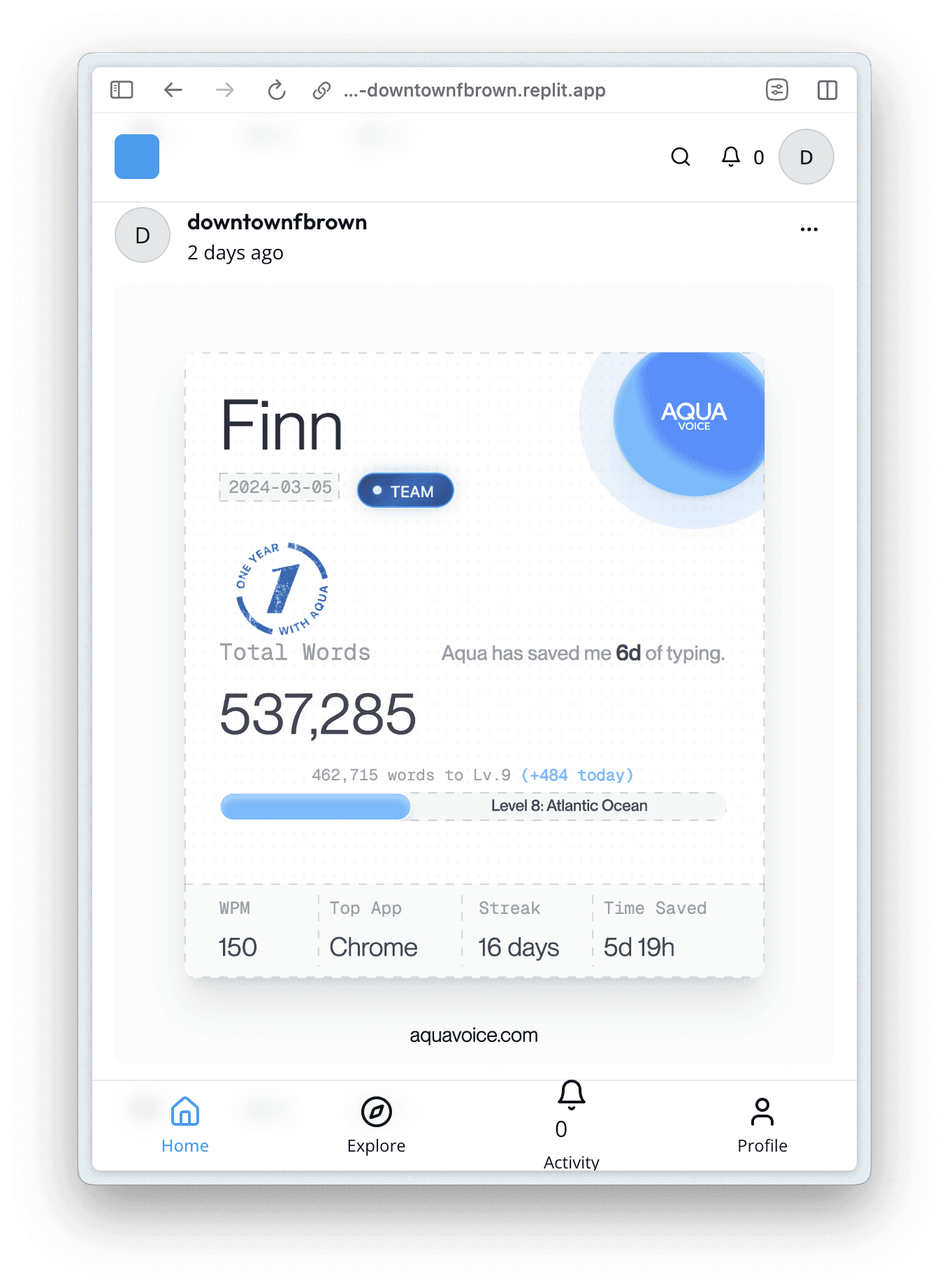 Tumblr clone built with Replit showing an Aqua Voice stats card. 