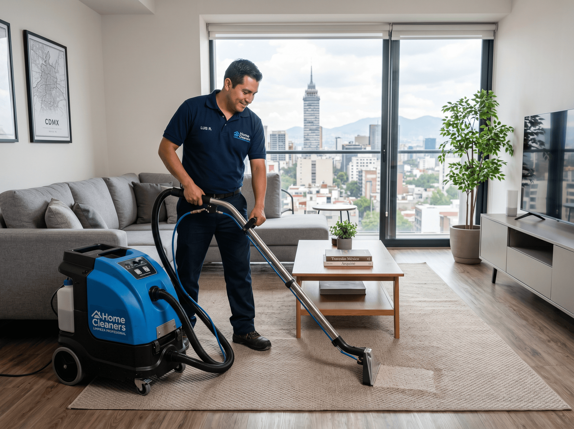 Técnico limpiando sala moderna con máquina profesional