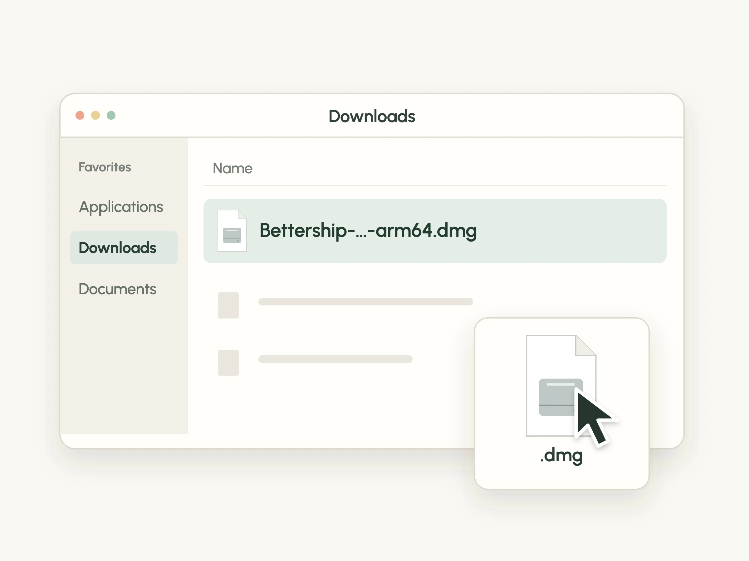 A Downloads window with the Bettership disk image selected.