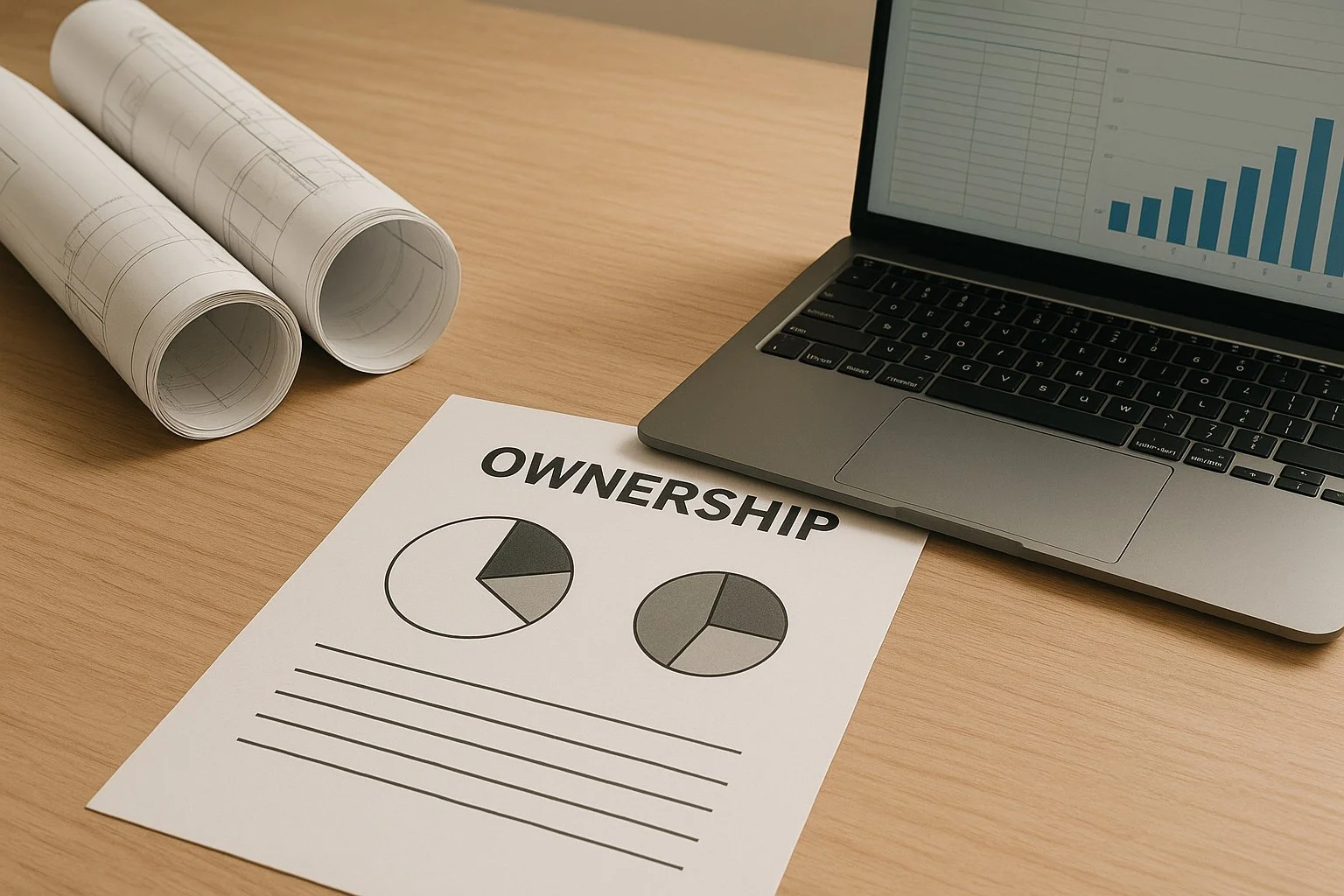 Construction-themed desk with rolled blueprints, a laptop, and a financial sheet showing two pie charts representing different ownership splits.