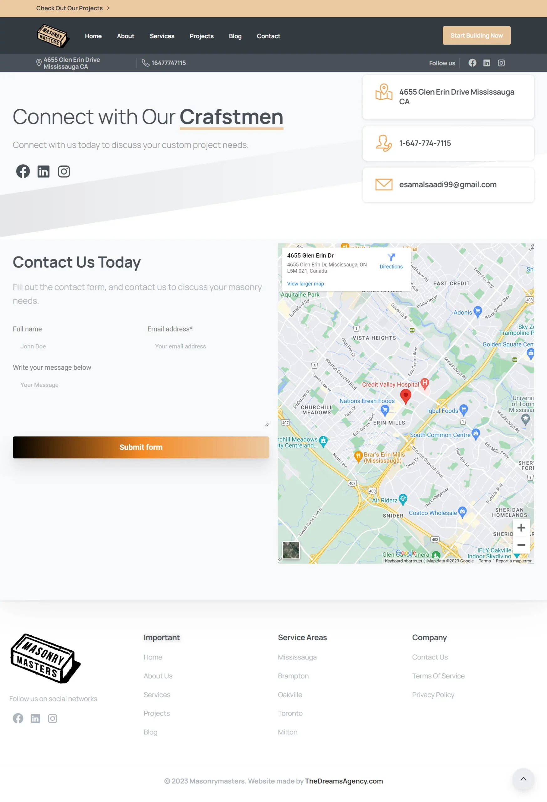 contact us page for masonrymasters website developed & designed by Dreams Agency Mississauga, Ontario