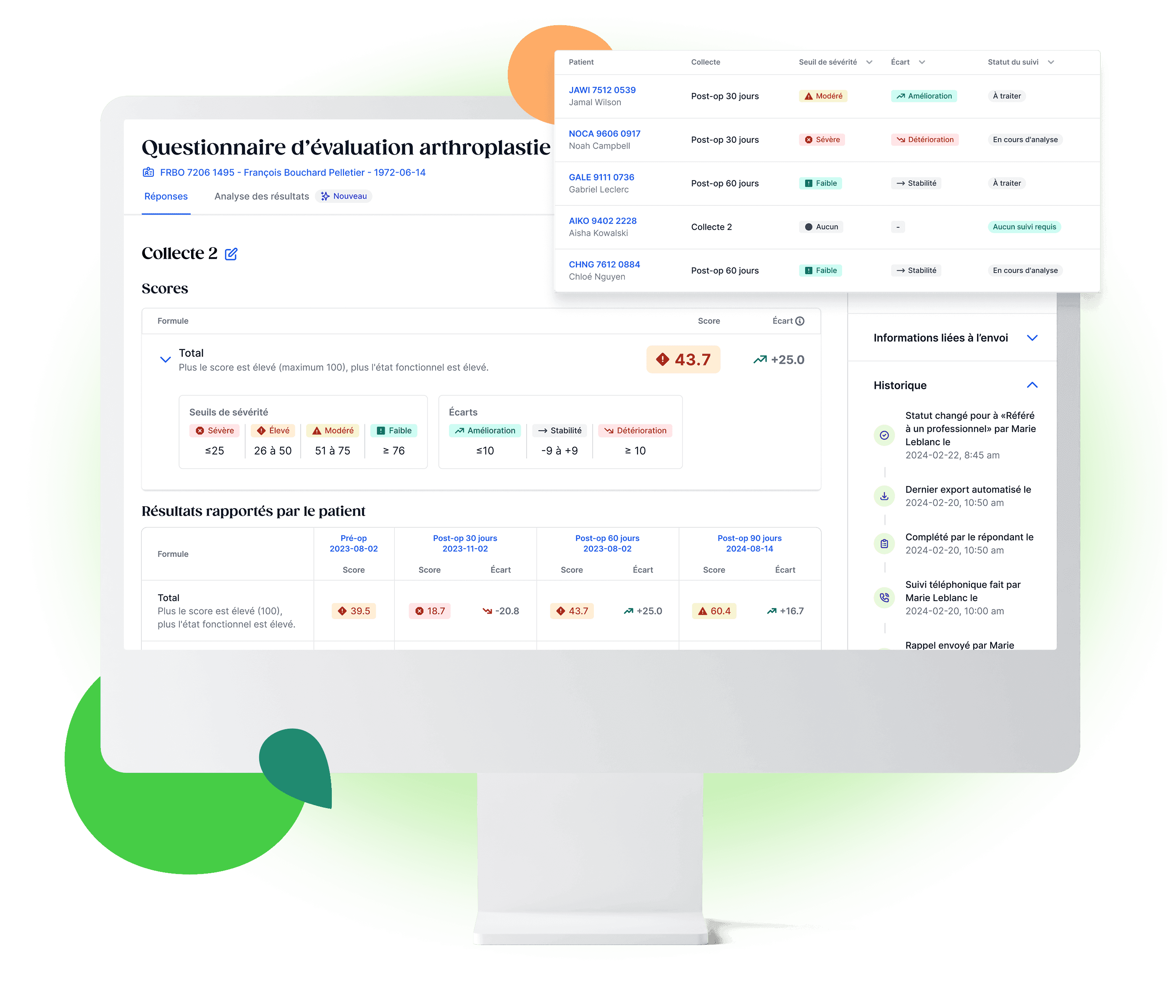 Écran d'ordinateur affichant un questionnaire d'évaluation d'arthroplastie avec les données et les scores du patient en français.