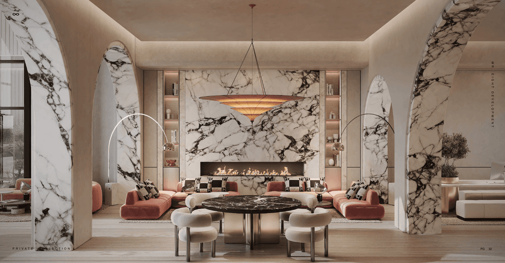 A marble fireplace in a cozy living room featuring a large wooden table in the center.