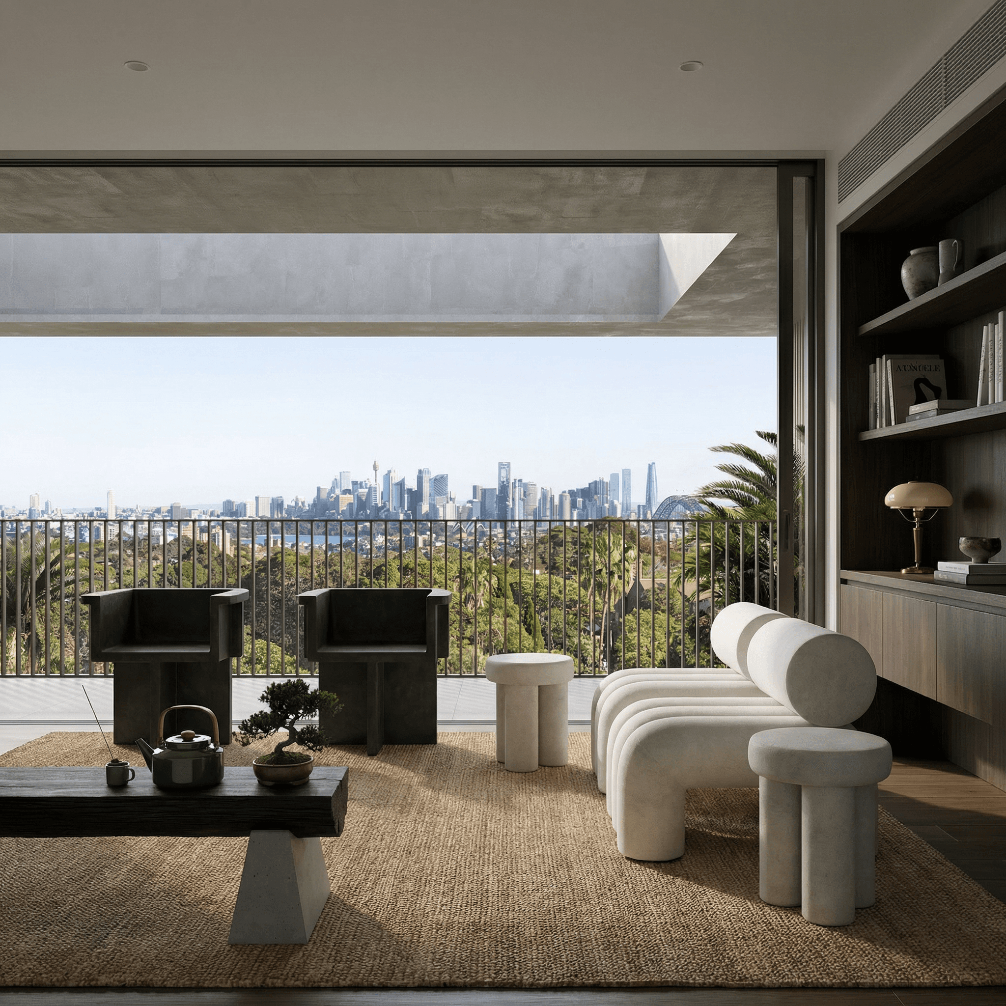 Minimalist entryway with curved walls, pampas grass, and a neutral bench under soft natural light.