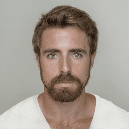Close-up portrait of a man with blue eyes and beard.