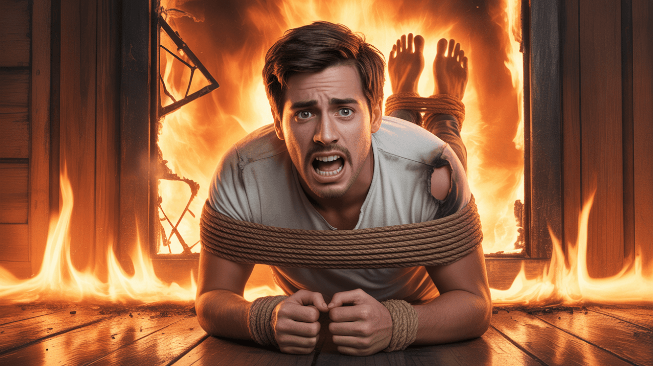 Bound contestant on burning floor with flames for extreme escape challenge thumbnail