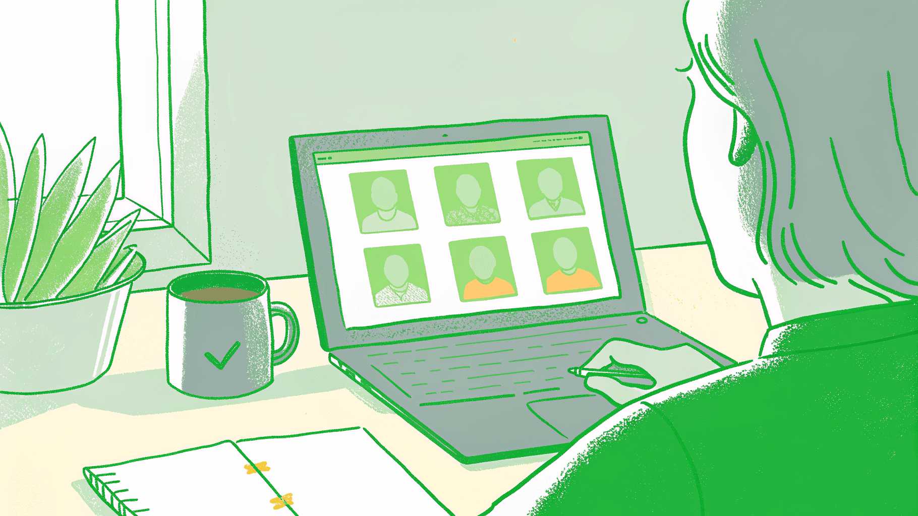 Agency owner at laptop identifying one priority workflow to automate, paper ledgers set aside