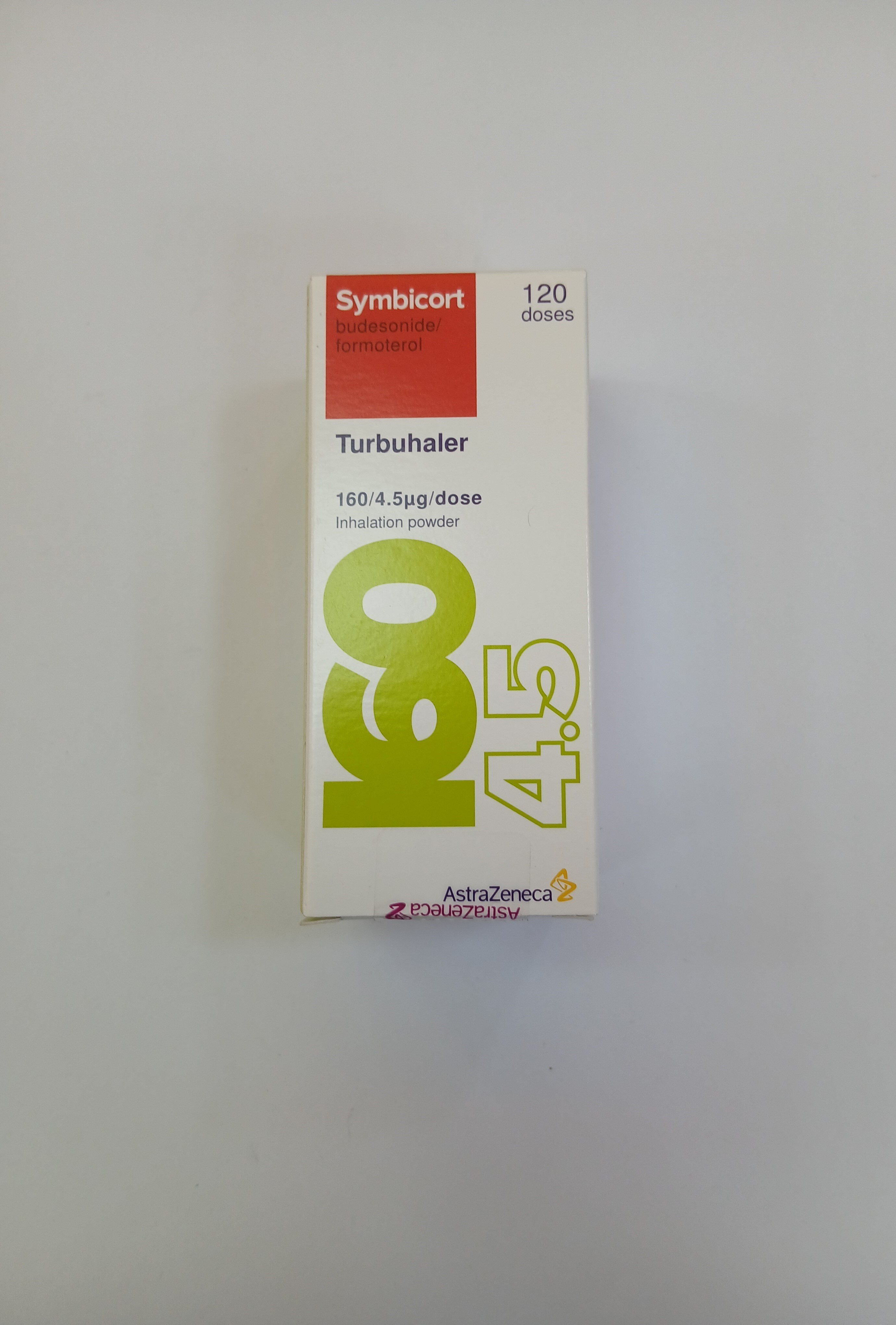 Symbicort Turbuhaler 160/4.5 mcg inhaler powder for oral inhalation, 120 doses in white cardboard box.