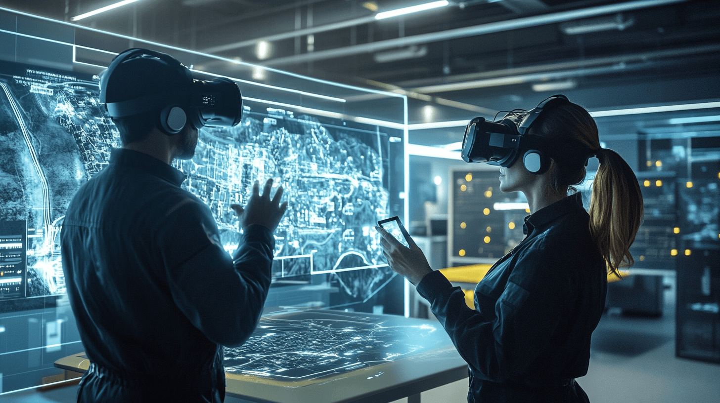 Professionals using VR headsets to plan emergency response missions with interactive 3D maps in a virtual simulation environment