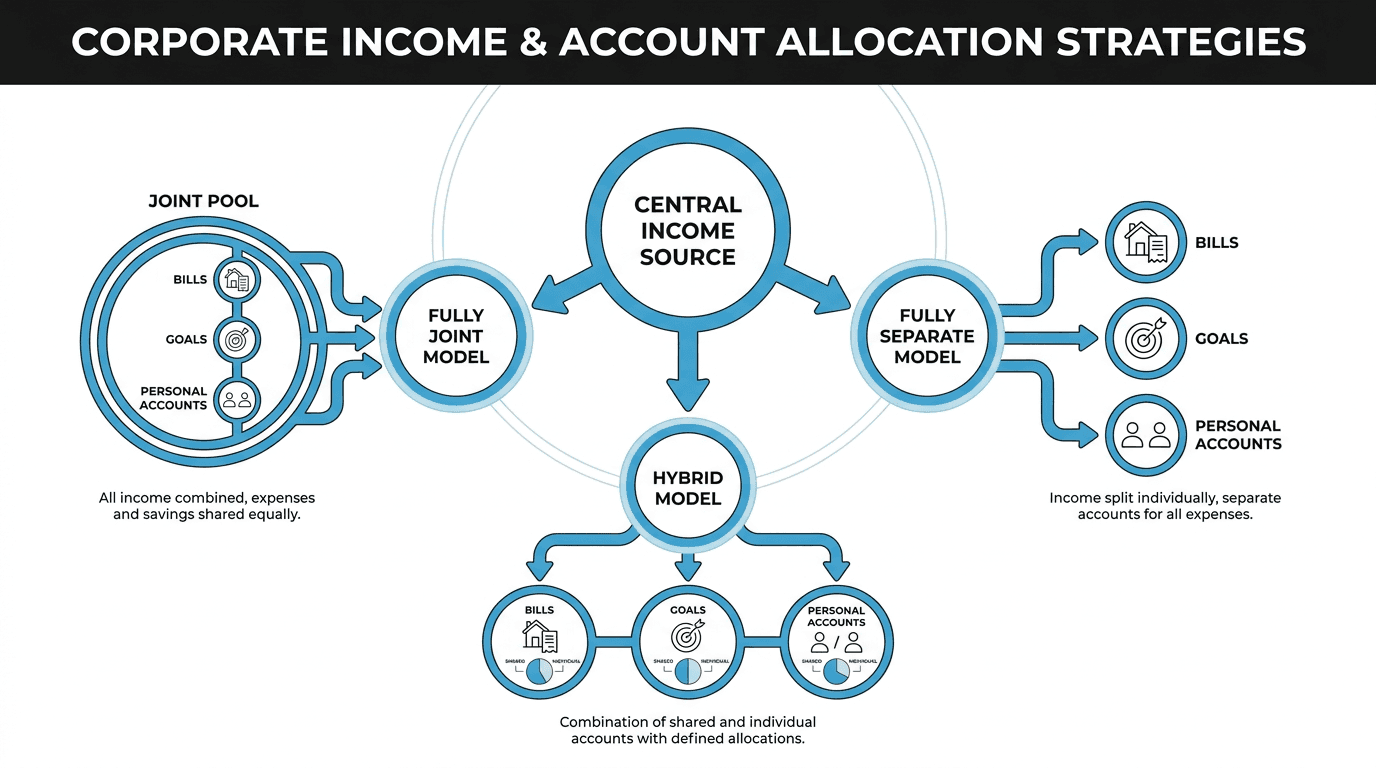 Infographic diagram showing a central income source with arrows flowing to three account models—fully joint, fully separate, and hybrid—each labeled and connected to bills, goals, and personal accounts using simple icons and color-coded accents. Clean, flat design with ample white space and brand colors for clear comparison of money flow between account types.