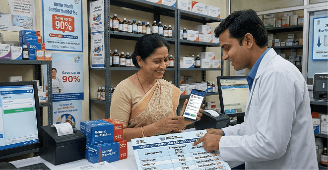 Patient at a Jan Aushadhi Kendra showing up to 90% medication savings
