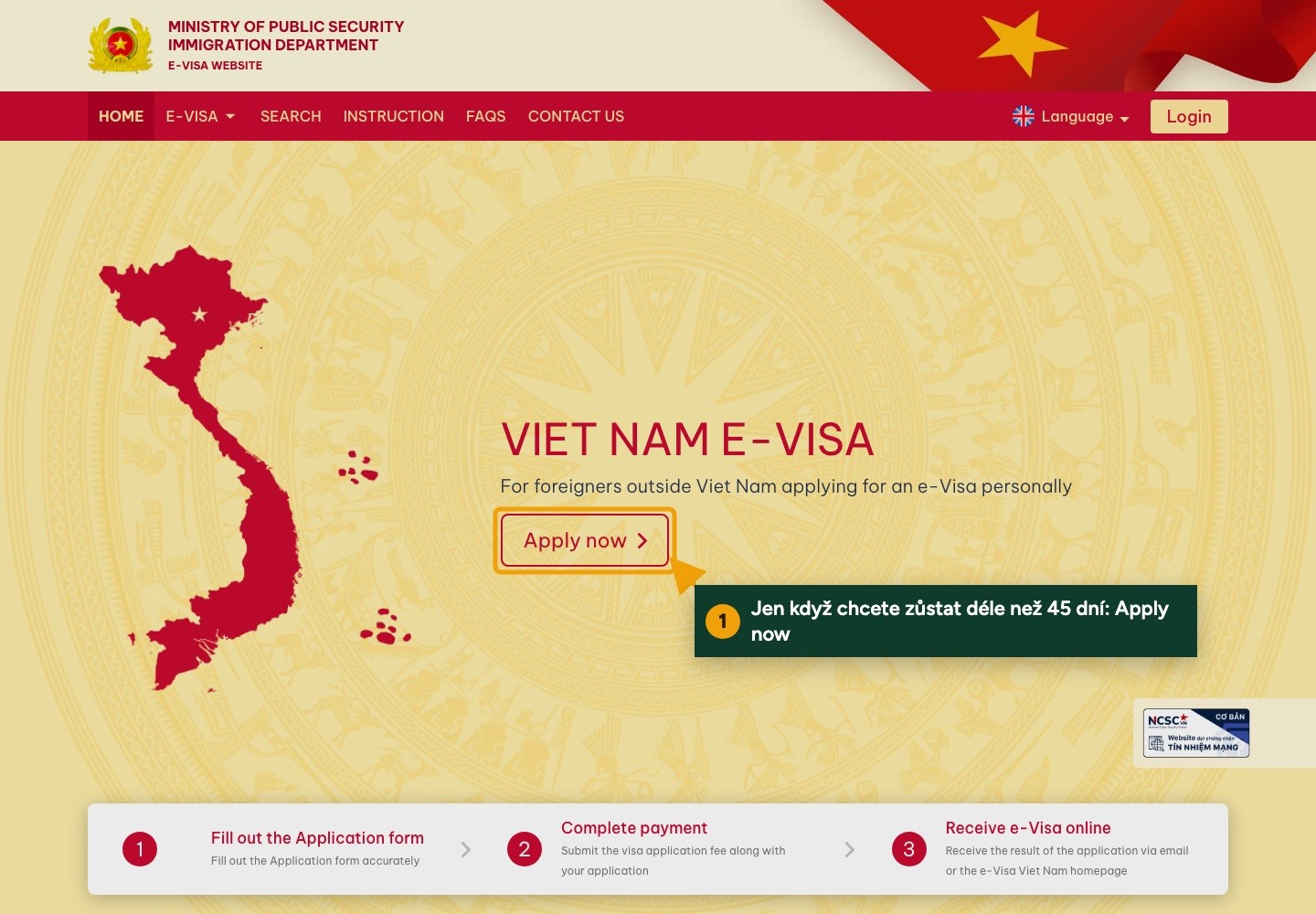 Oficiální web Viet Nam E-Visa s tlačítkem Apply now a třemi kroky žádosti