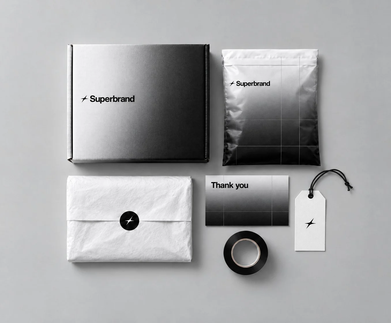 A Superbrand packaging set: a mailer box, a mailer bag, a tissue-wrapped parcel with a spark sticker, a thank-you card, a tag and tape.