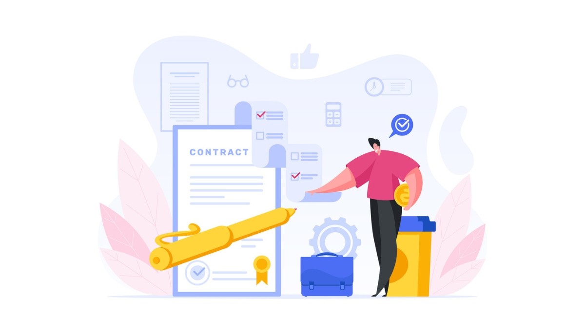 Illustration of a large contract document with a bold header and a giant pen across it, accompanied by a person holding a gold coin and surrounded by icons like checkmarks, documents, a calculator, and a briefcase.