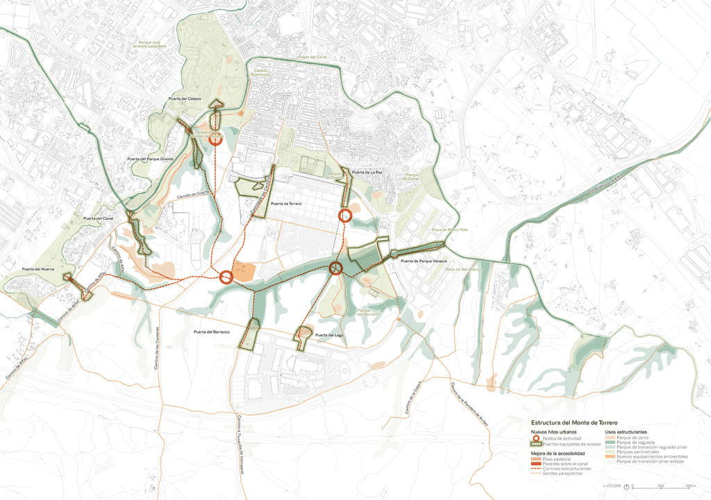 Plano propuesta Estructura del Monte de Torrero. Nuevos hitos urbanos, mejora de la accesibilidad, usos estructurantesc