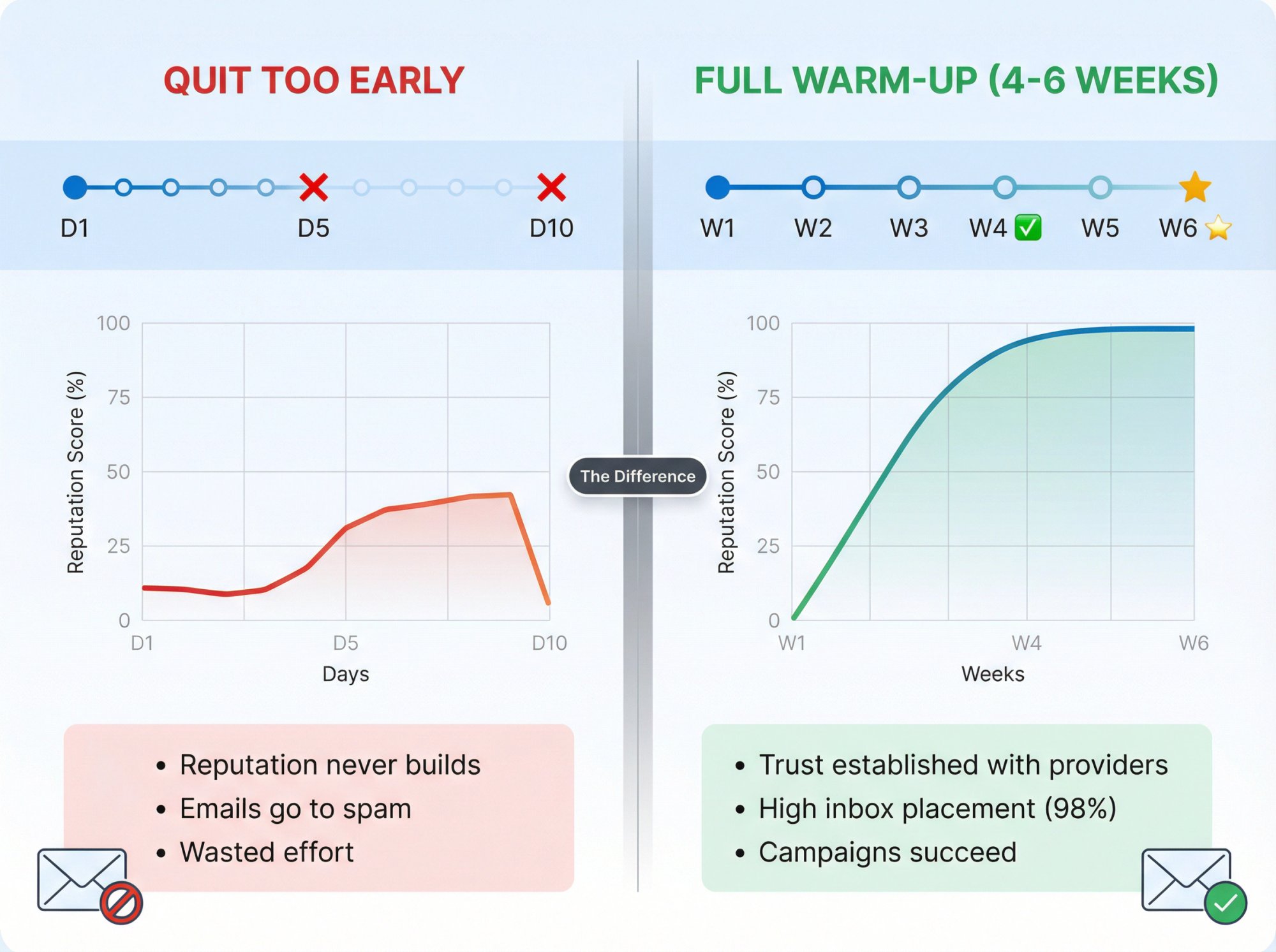Timeline comparison showing failed warm-up stopped at day 10 versus successful 4-week warm-up with rising reputation