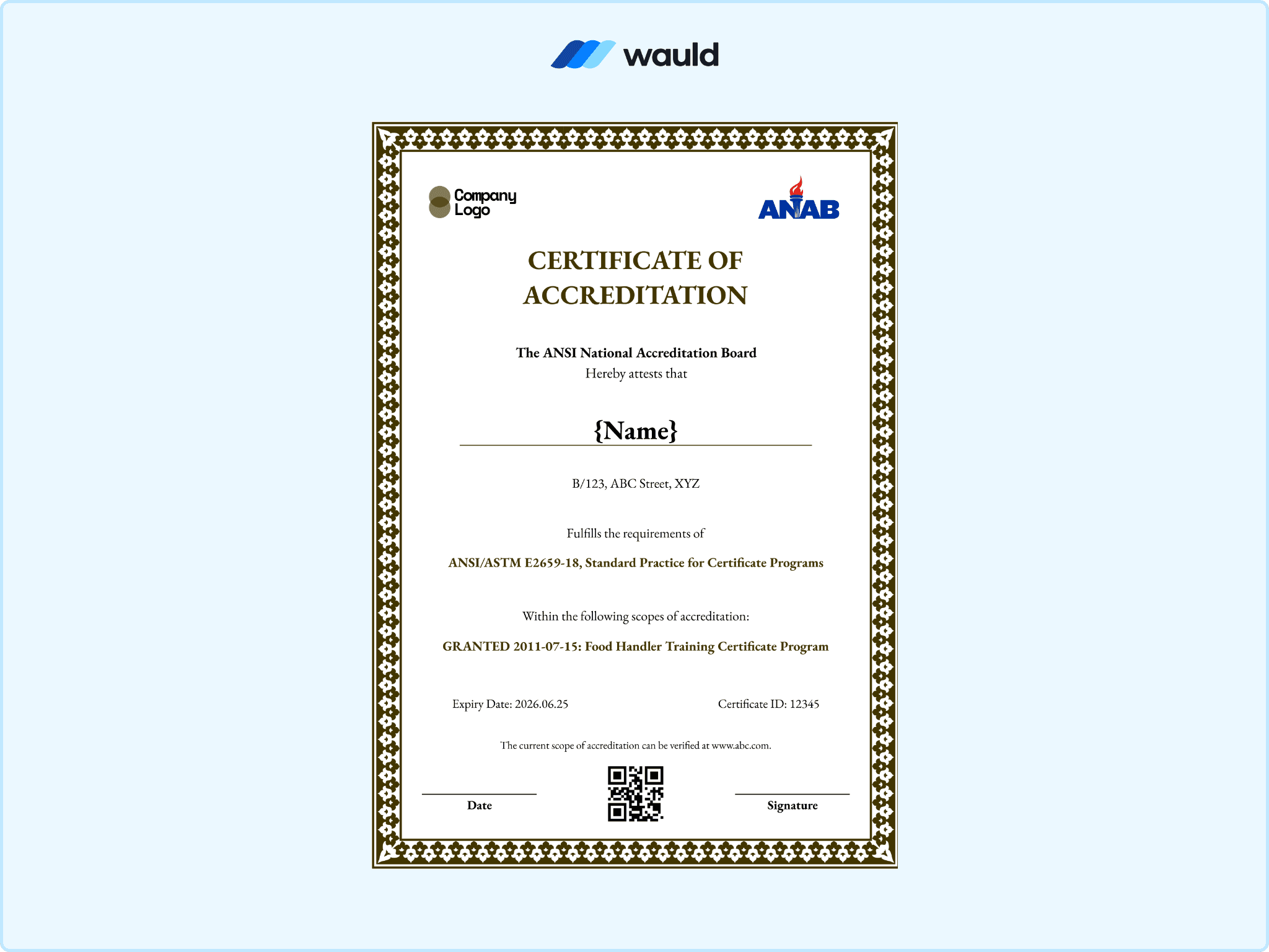Gold geometric bordered certificate of accreditation template with recipient name field, accrediting board details, standard practice reference, granted scope, certificate ID, expiry date, QR code, and signature line
