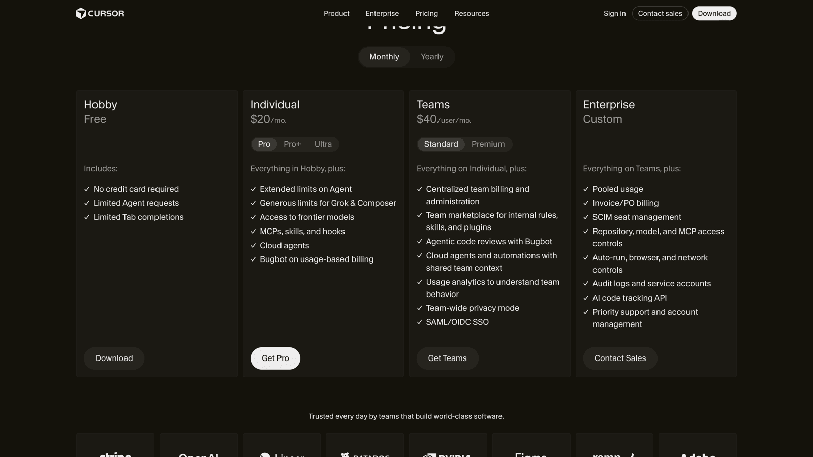 Cursor pricing page showing Hobby, Individual $20, Teams $40, and Enterprise plans