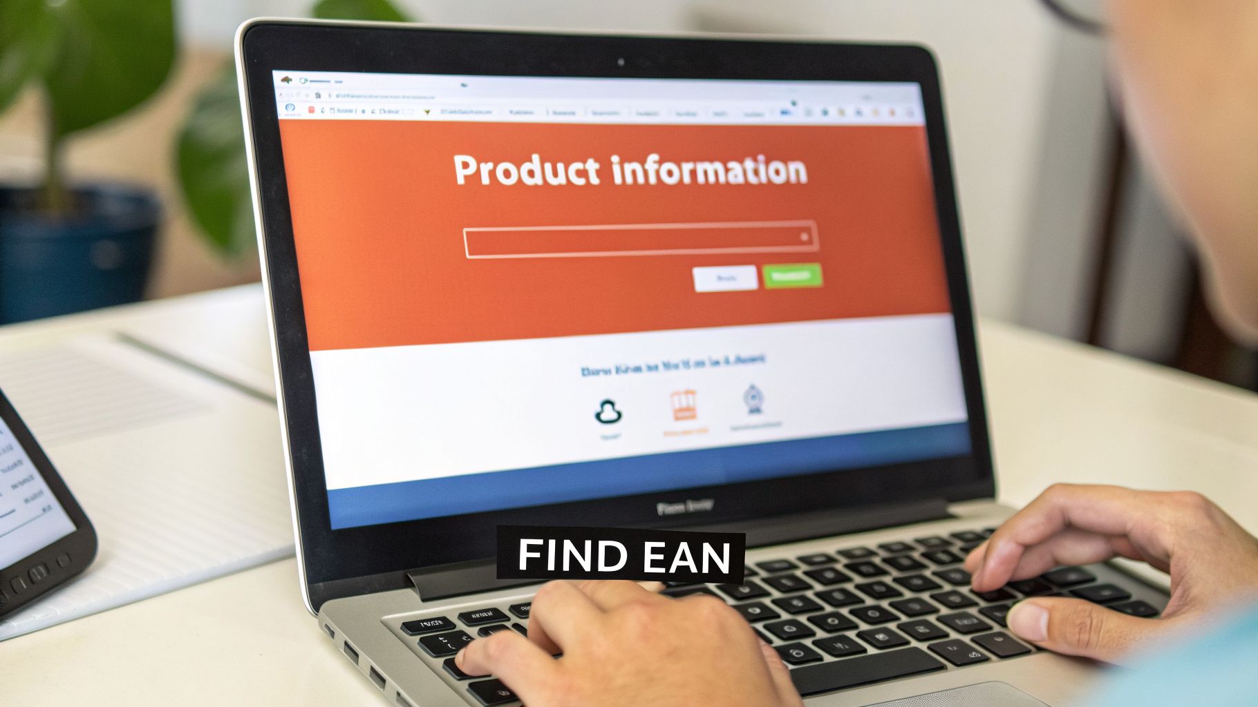 Close-up of a person typing on a laptop, searching for product EANs on a website.