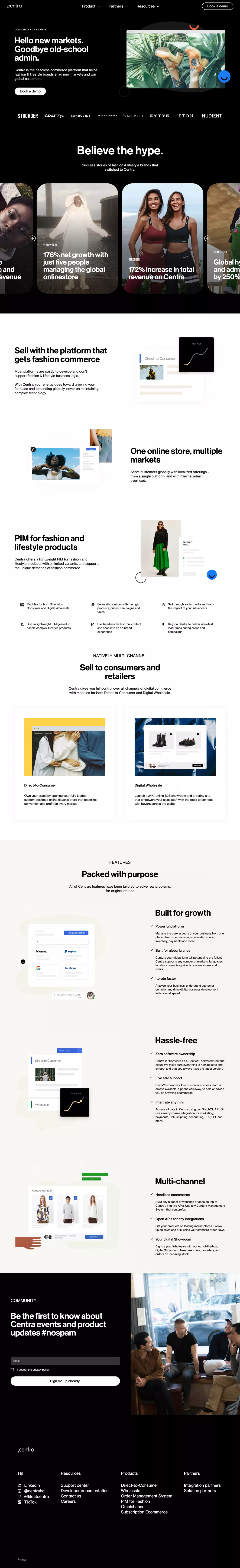 Centra: Headless Ecommerce Platform for landing page screenshot showcasing Tech and Fashion design