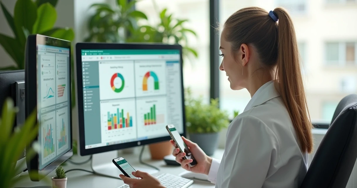 Nutricionista trabalhando em consultório digital com computador e smartphone na mesa 