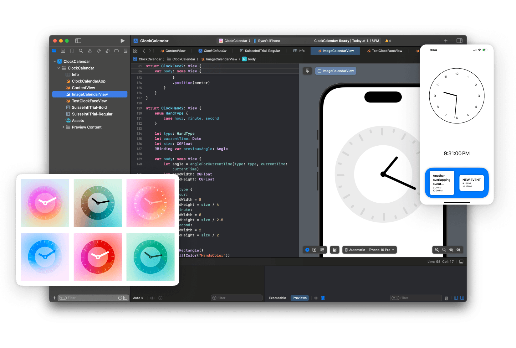 Collage of clock app icons, Xcode screenshot, and screenshot of early build