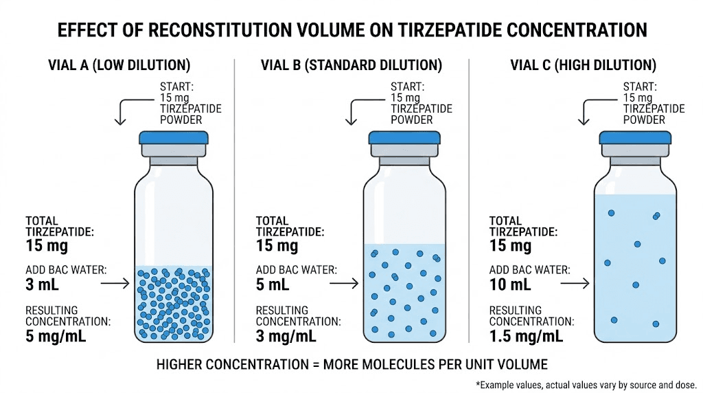 Tirzepatide reconstitution concentration comparison chart for different bac water volumes