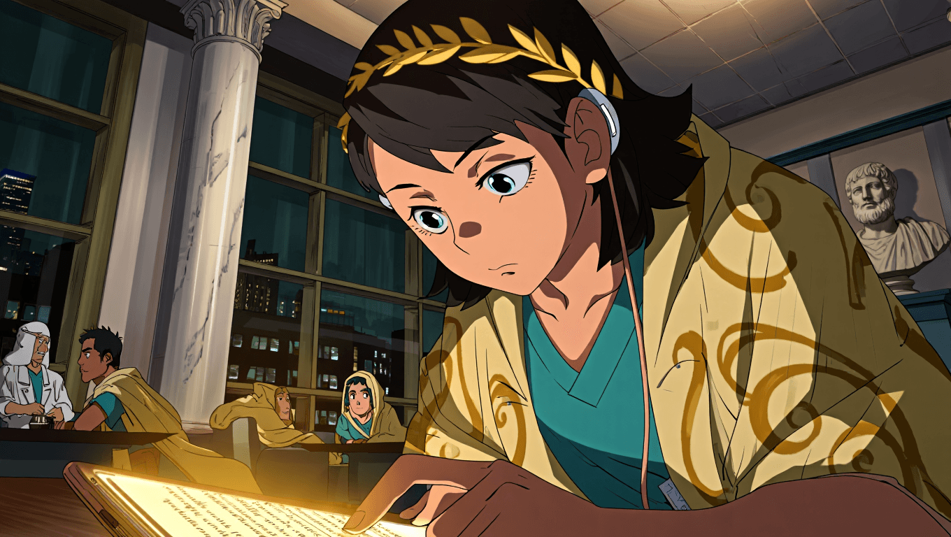 Exhausted resident in scrubs studying on a glowing smartphone in a hospital break room at night